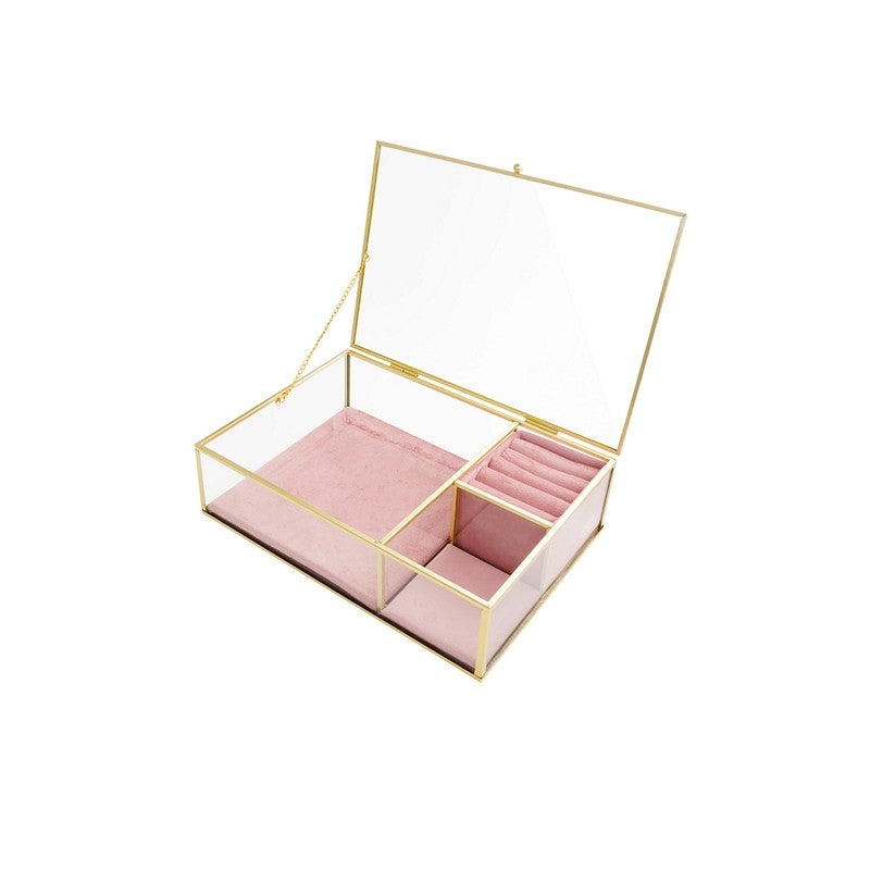 Stort Guldcenter smykkeskrin i glas og messingforgyldt metal med rosa velour fra Guldcenter.
